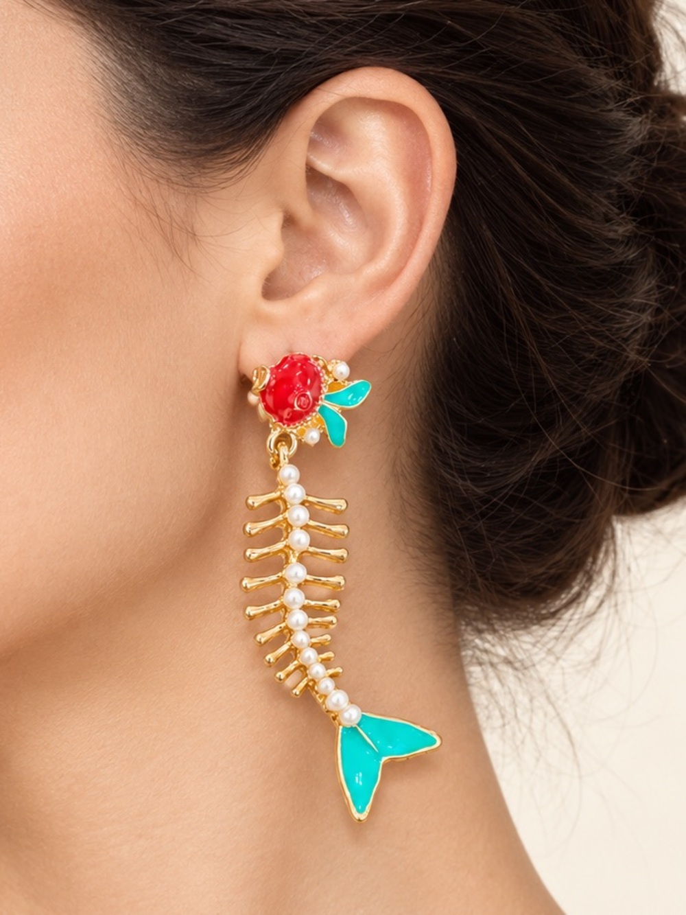Colorful Fishbone Pearl Drop Statement Earrings